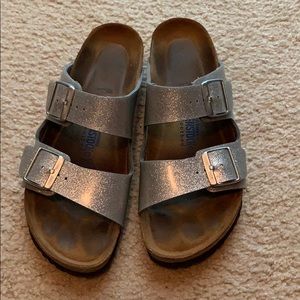 Gently used Birkenstock Arizona. Silver glitter 41